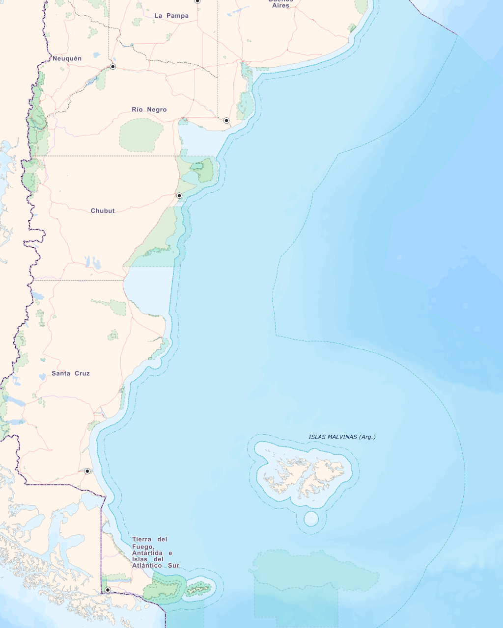 Mapa del área de estudio en la costa patagónica argentina (IGN)